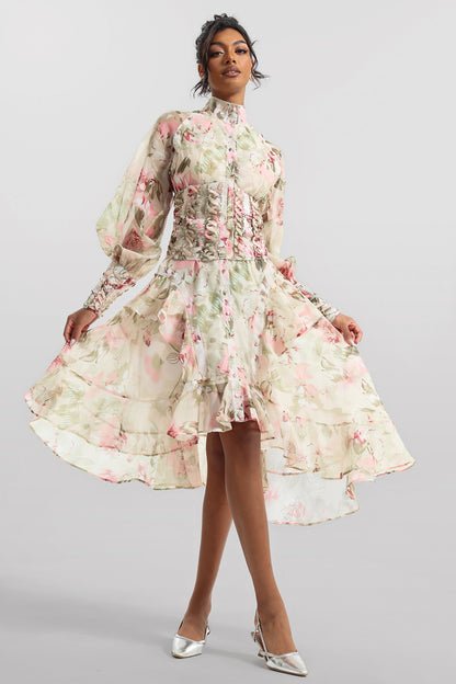 Vestido midi de malla con cuello alto y mangas farol estampadas 