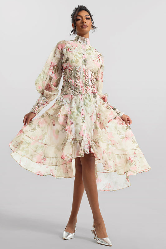 Vestido midi de malla con cuello alto y mangas farol estampadas 