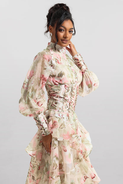 Vestido midi de malla con cuello alto y mangas farol estampadas 