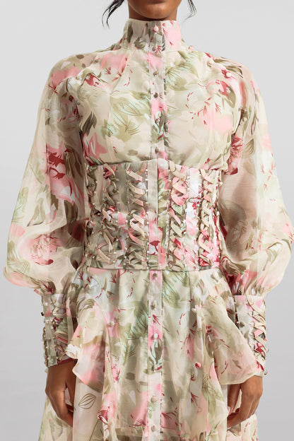 Vestido midi de malla con cuello alto y mangas farol estampadas 
