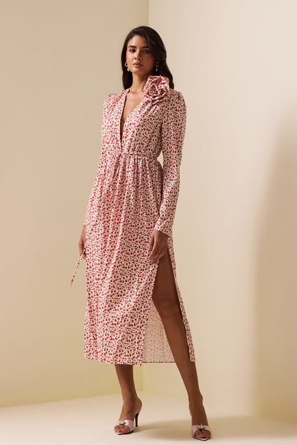 Vestido midi con abertura y manga larga con estampado floral 3D 