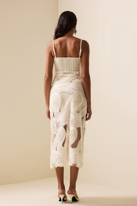 Vestido midi sin mangas con encaje bordado 