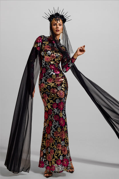 Vestido largo de manga larga con cuello redondo y lentejuelas 