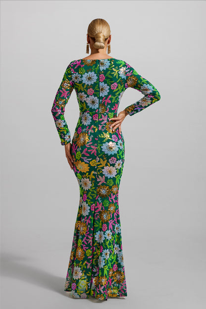 Vestido midi de manga larga con cuello redondo y lentejuelas 