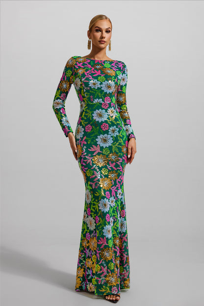 Vestido midi de manga larga con cuello redondo y lentejuelas 