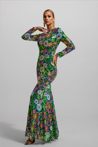 Vestido midi de manga larga con cuello redondo y lentejuelas 
