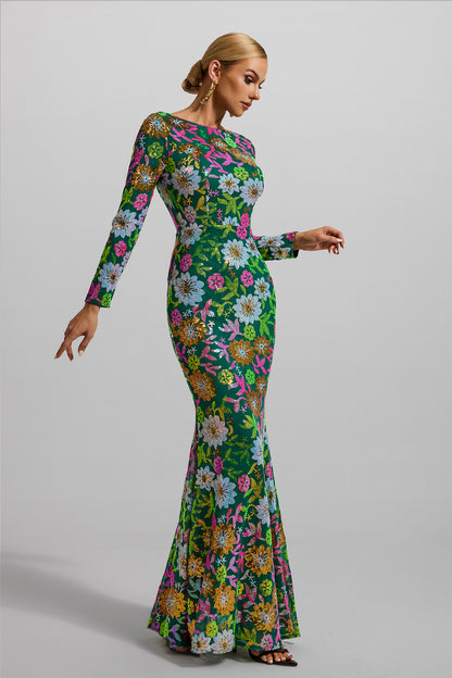 Vestido midi de manga larga con cuello redondo y lentejuelas 