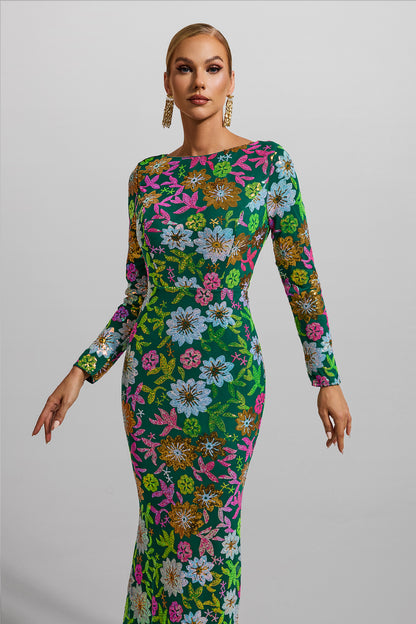Vestido midi de manga larga con cuello redondo y lentejuelas 