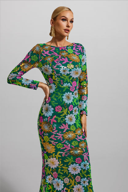Vestido midi de manga larga con cuello redondo y lentejuelas 