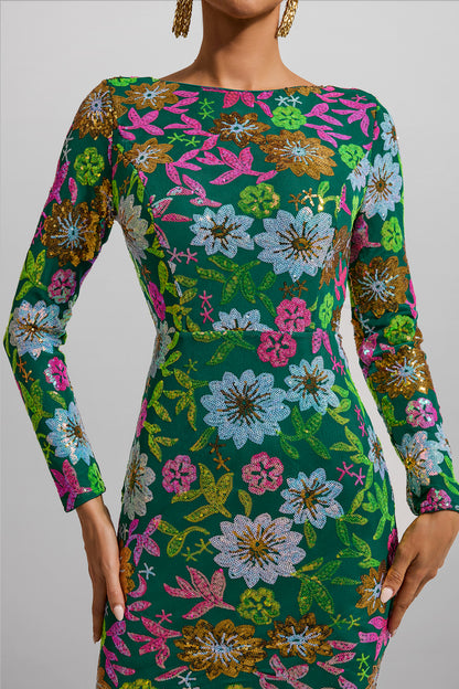 Vestido midi de manga larga con cuello redondo y lentejuelas 