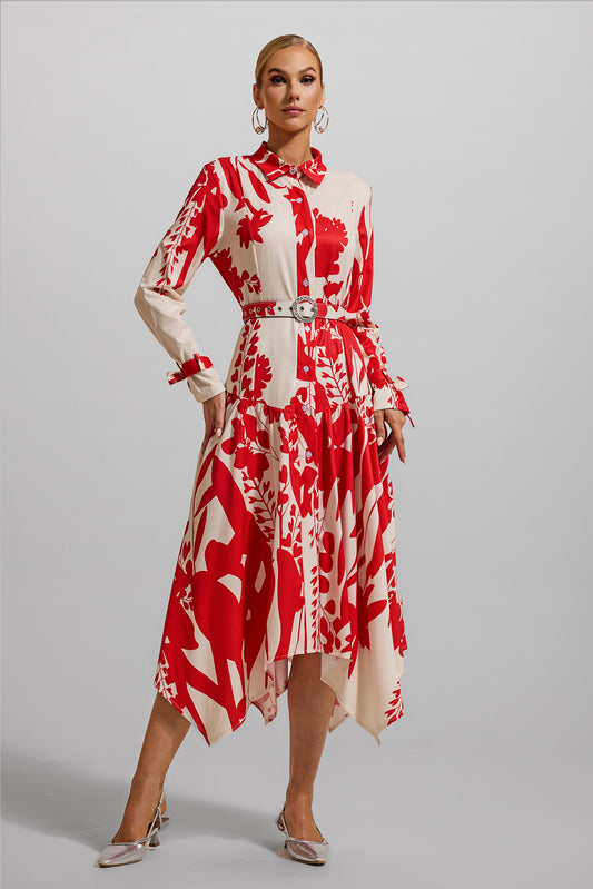 Vestido midi floral con encaje y cinturón 