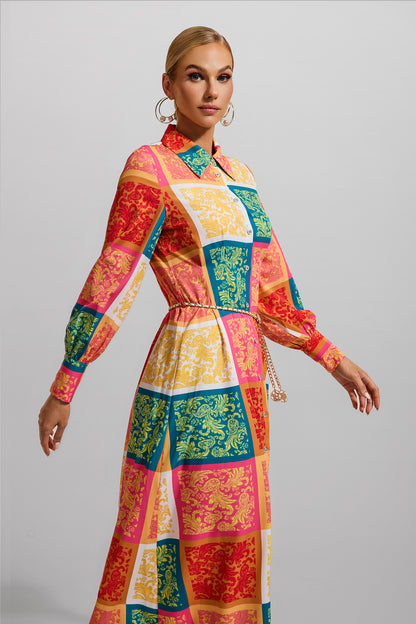 Vestido midi con cuello camisero y estampado de patchwork con cinturón 