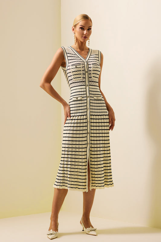 Vestido midi sin mangas de rayas de punto 