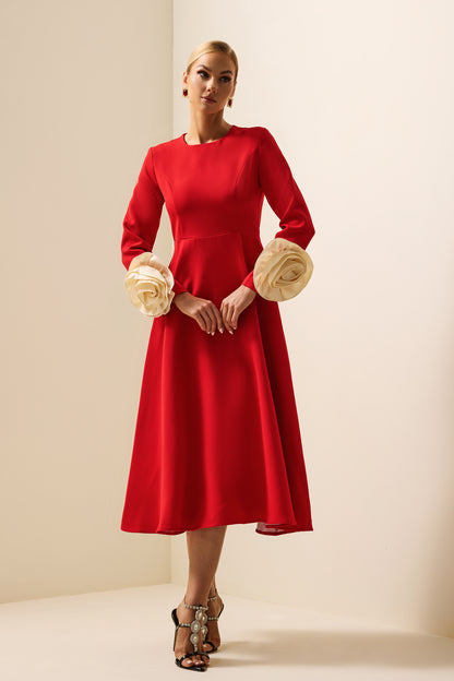 Vestido midi de manga larga con cuello redondo y flores 3D 