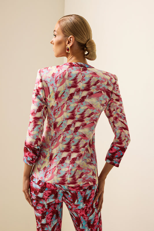 Blazer de manga larga con cuello en V y estampado de plumas 