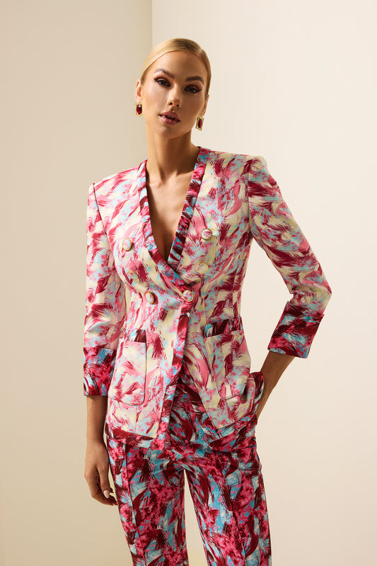 Blazer de manga larga con cuello en V y estampado de plumas 