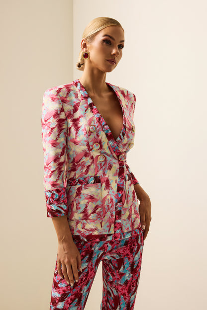 Blazer de manga larga con cuello en V y estampado de plumas 
