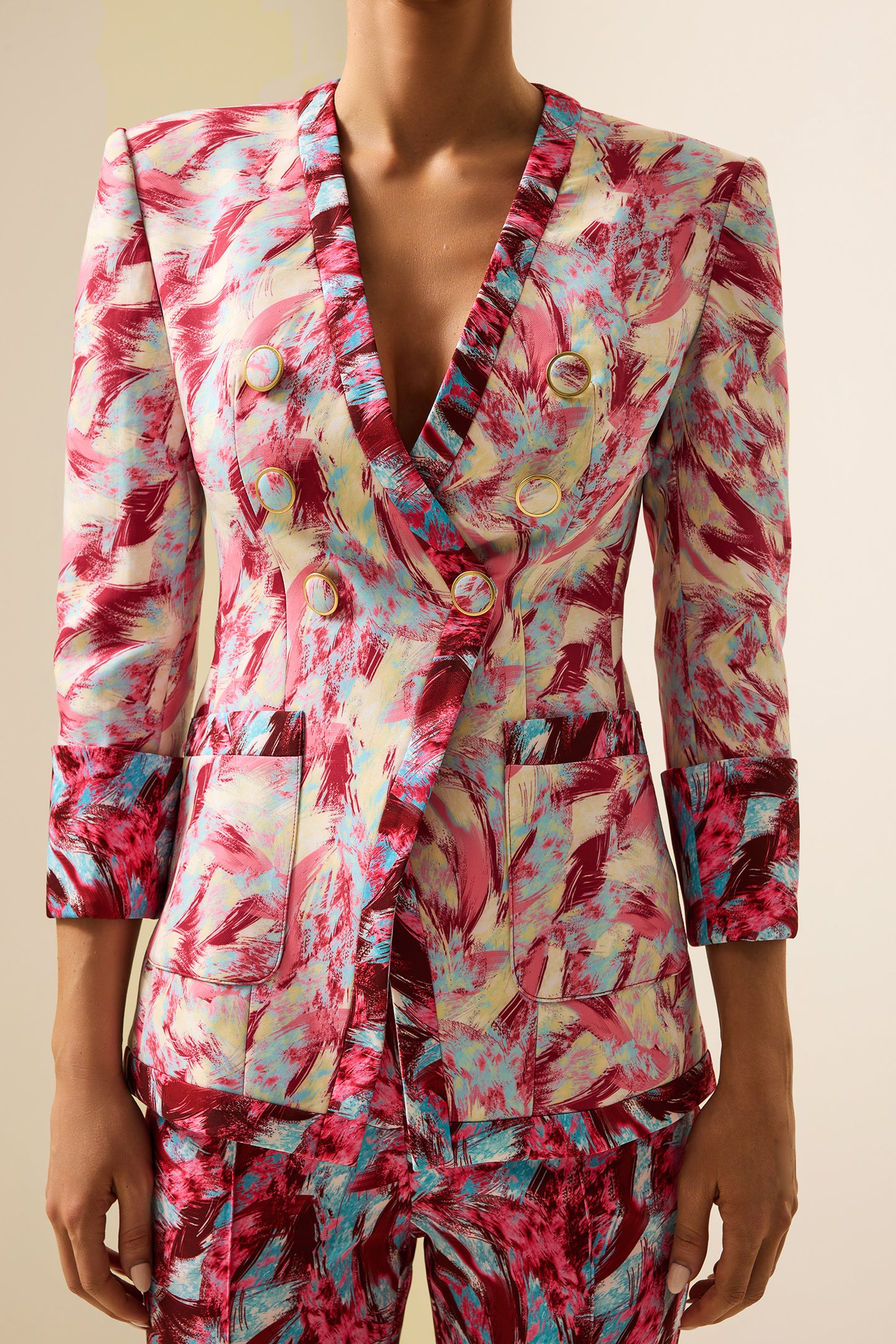 Blazer de manga larga con cuello en V y estampado de plumas 
