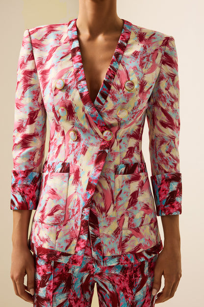 Blazer de manga larga con cuello en V y estampado de plumas 
