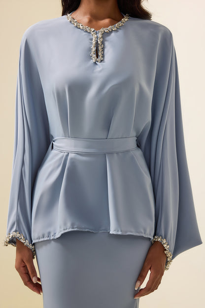 Rhinestone Solid Top ＆ High Waist Solid Midi Skirt Set
