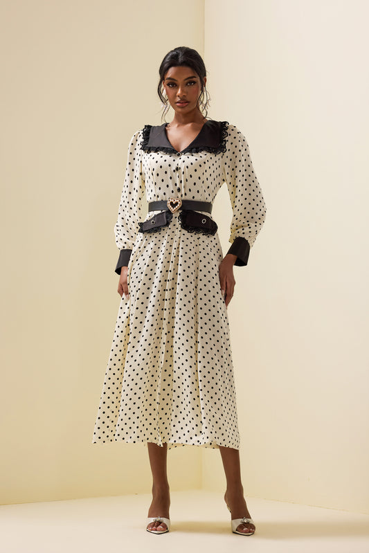 Vestido midi de encaje con lunares, mangas farol y cinturón 
