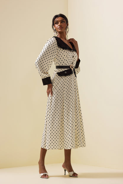 Vestido midi de encaje con lunares, mangas farol y cinturón 