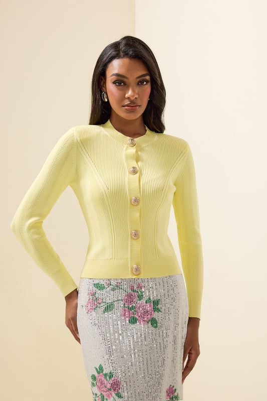 Knit Round Neck Metal Button Top