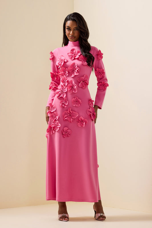 Vestido midi de manga larga con cuello alto y flores 3D 