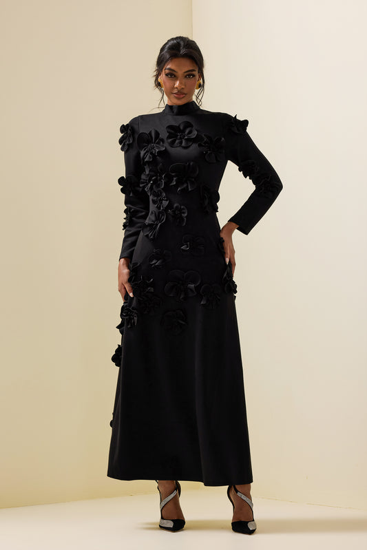 Vestido midi de manga larga con cuello alto y flores 3D 