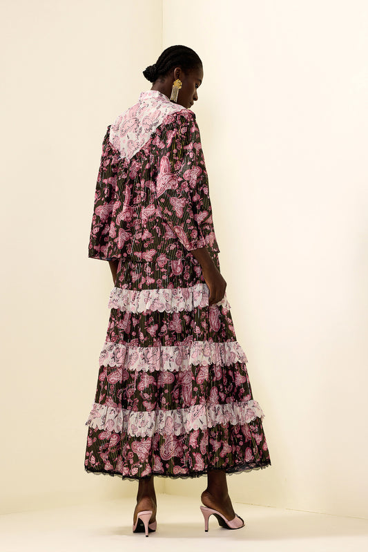 Paisley Print Gold Foil Stamping  Midi Dress
