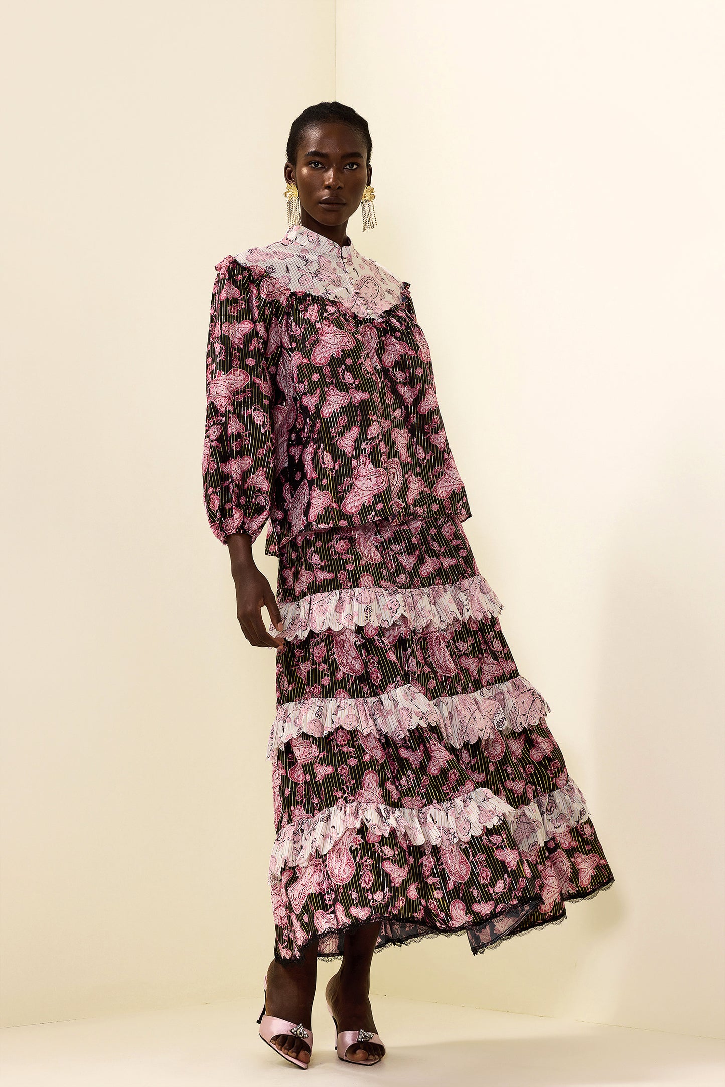 Paisley Print Gold Foil Stamping  Midi Dress