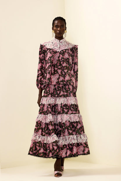Paisley Print Gold Foil Stamping  Midi Dress