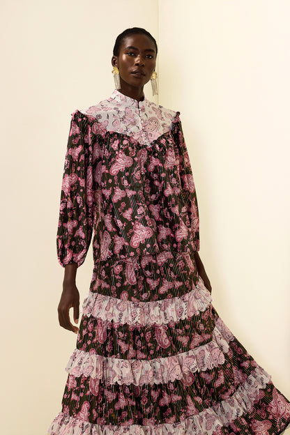 Paisley Print Gold Foil Stamping  Midi Dress