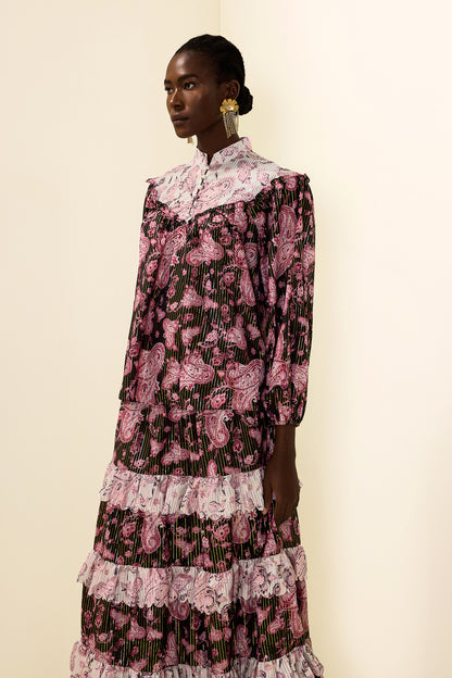 Paisley Print Gold Foil Stamping  Midi Dress