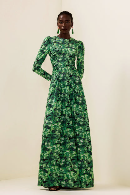 Vestido largo de cuello redondo y manga larga con estampado botánico 