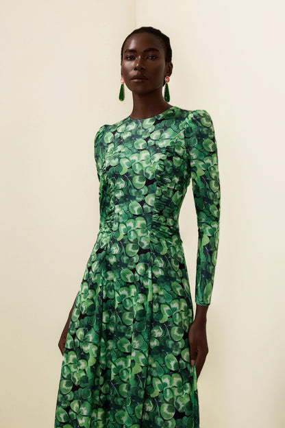 Vestido largo de cuello redondo y manga larga con estampado botánico 