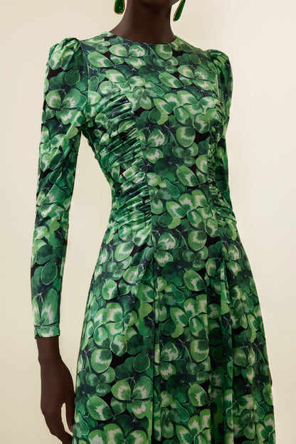 Vestido largo de cuello redondo y manga larga con estampado botánico 