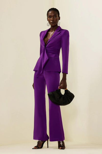 Solid Ruched Bottom Blazer ＆Mid Waist Solid Pants Set