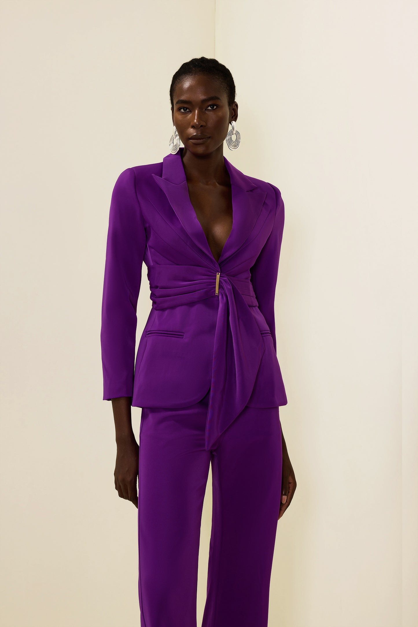 Solid Ruched Bottom Blazer ＆Mid Waist Solid Pants Set