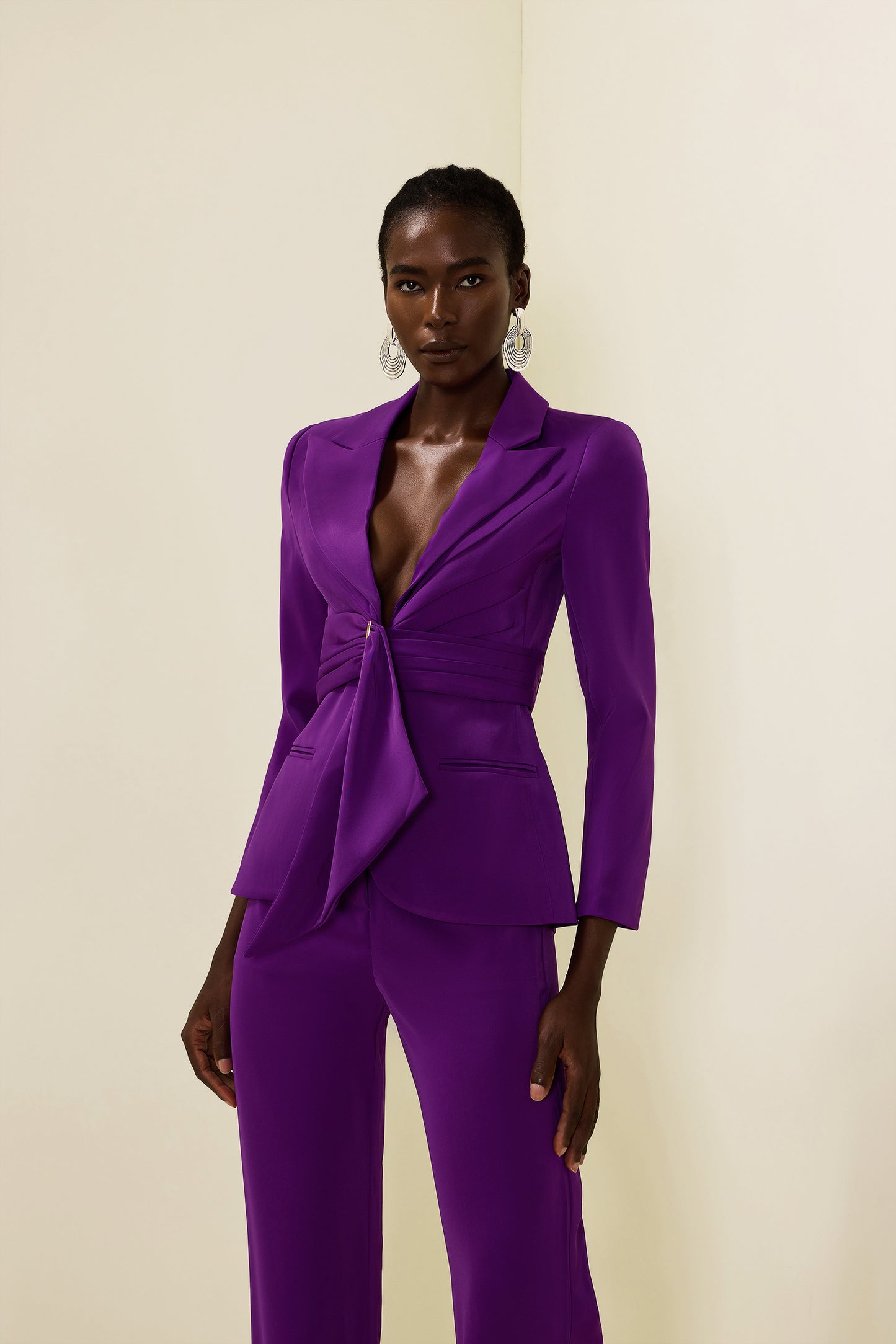 Solid Ruched Bottom Blazer ＆Mid Waist Solid Pants Set