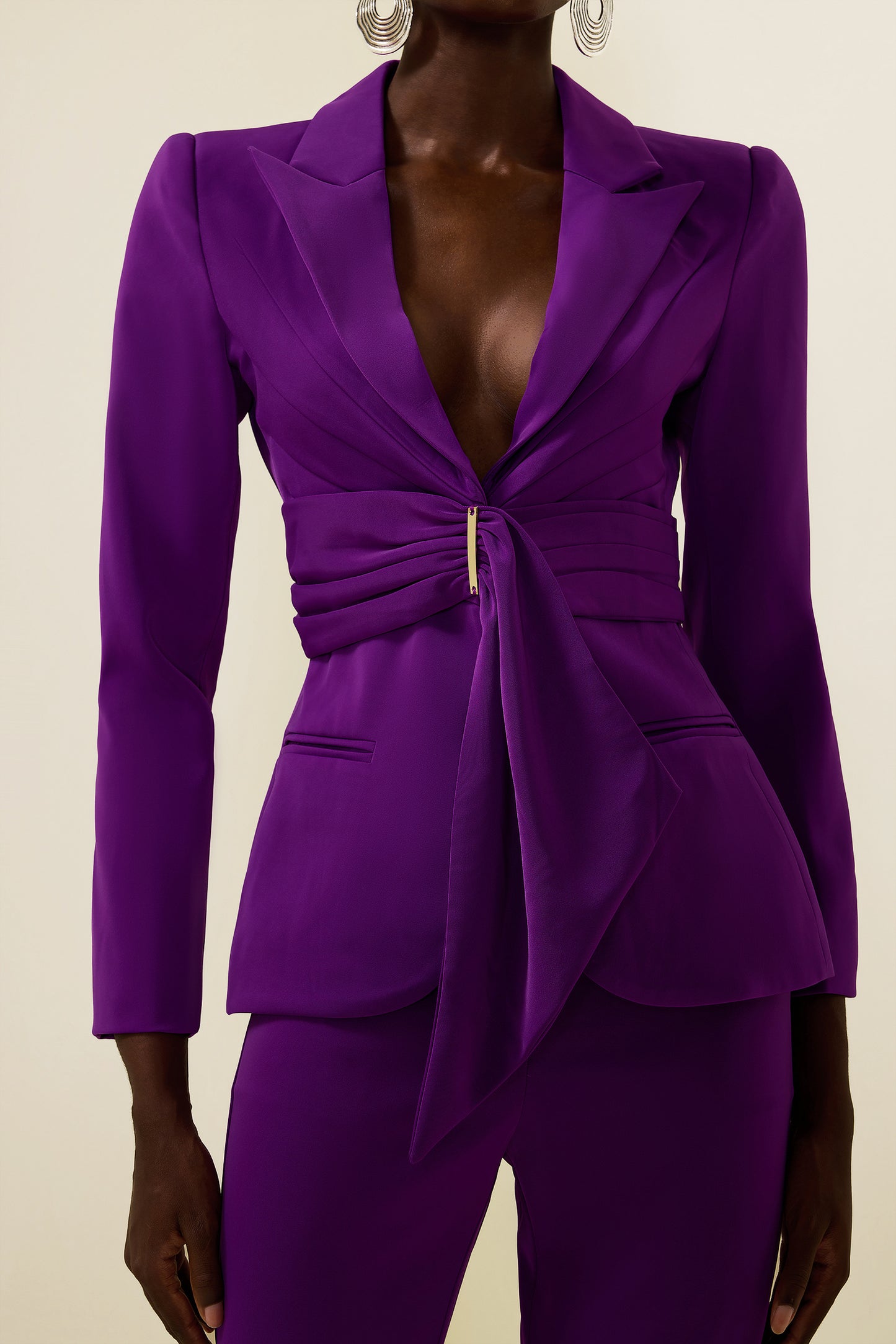 Solid Ruched Bottom Blazer ＆Mid Waist Solid Pants Set