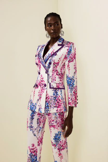 Conjunto de blazer cruzado floral y pantalón de cintura alta 