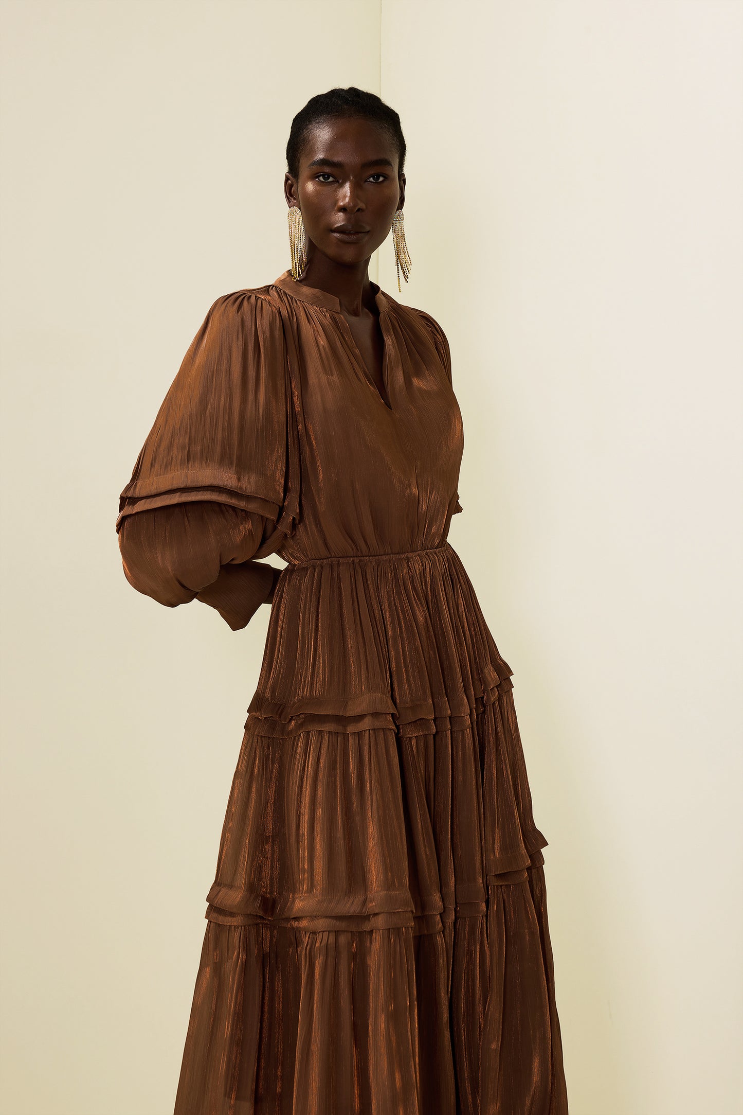 Pleat Lantern Sleeve V-Neck Midi Dress