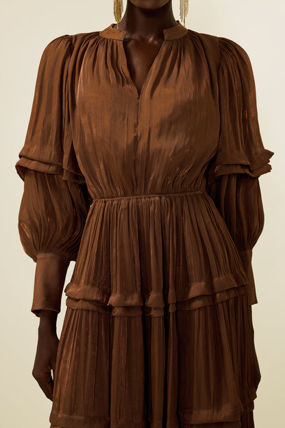 Pleat Lantern Sleeve V-Neck Midi Dress
