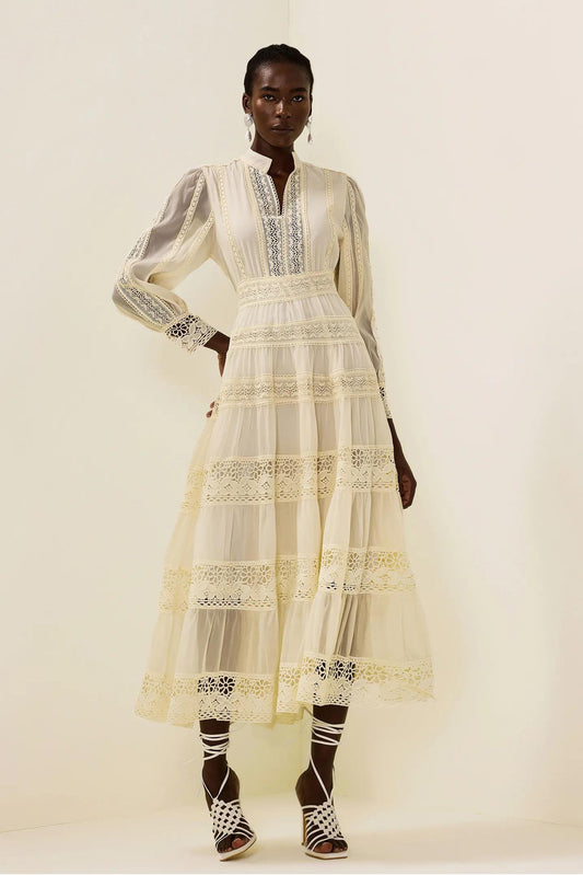 Lace Embroidered Lantern Sleeve Midi Dress