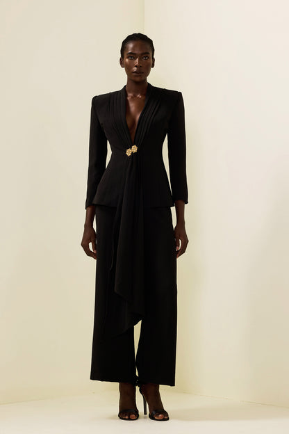 Solid Ruched Bottom Blazer ＆ Mid Waist Solid Pants Set