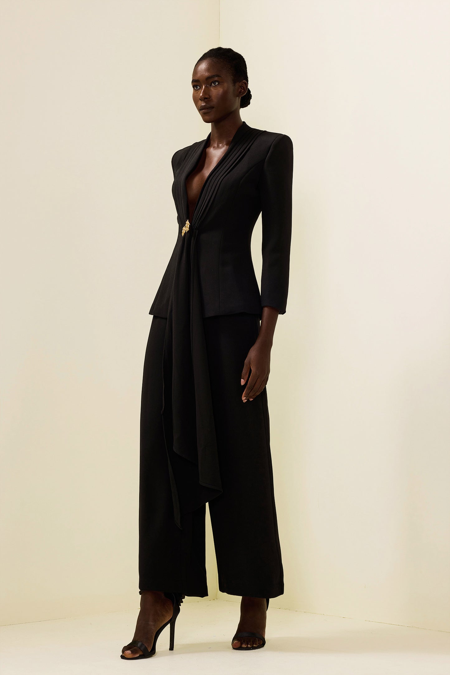 Solid Ruched Bottom Blazer ＆ Mid Waist Solid Pants Set