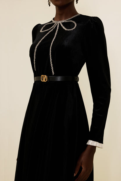 Velvet Rhinestone Bow Midi Dress