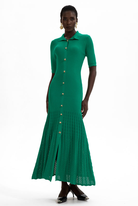 Vestido midi de jersey con botones metálicos y solapas 