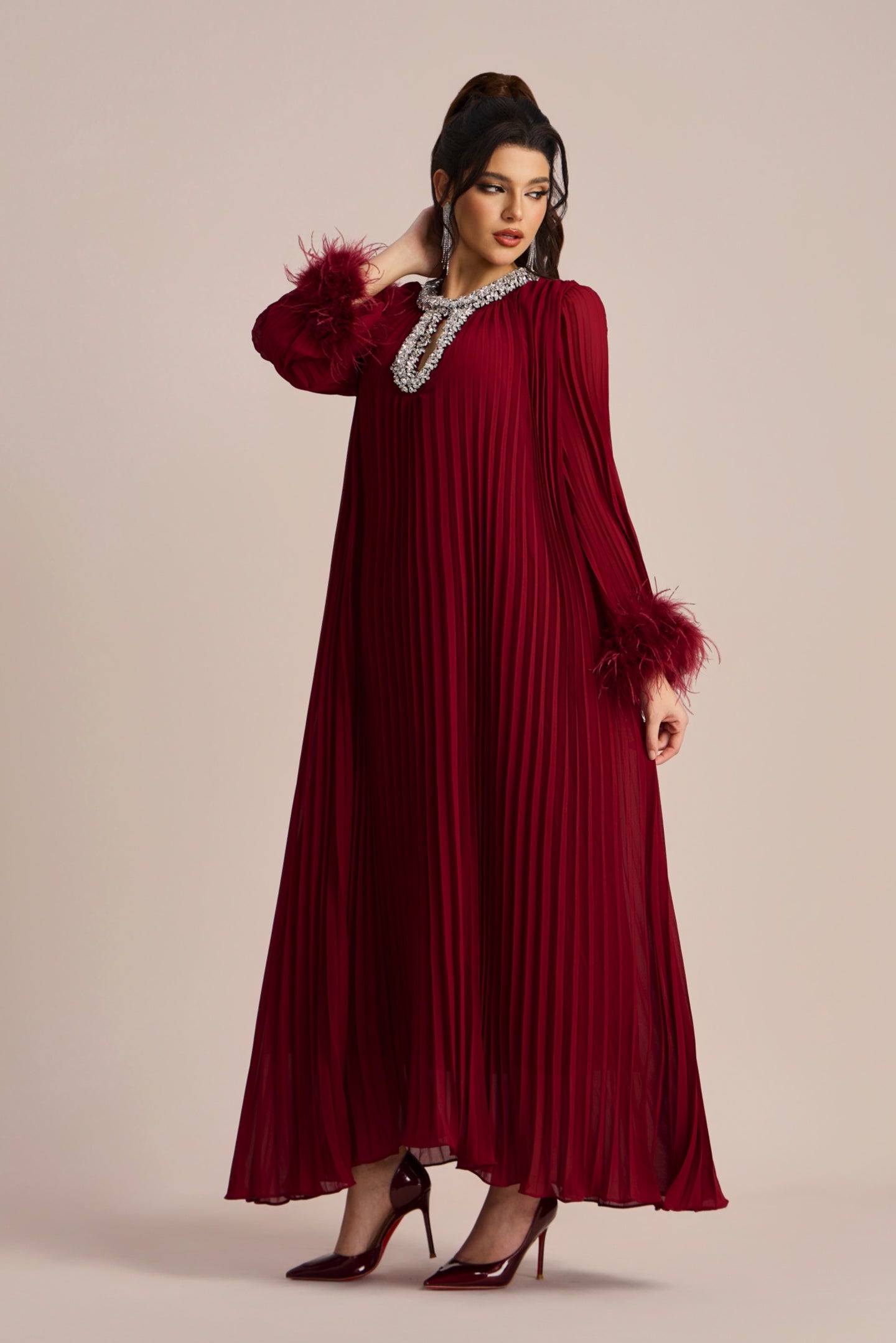 Yvonne Diamante Feathered Pleated Maxi Chiffon Dress